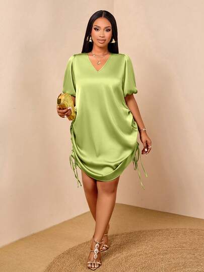 BIUBIU Vestido Mini de Cetim Verde-Lima Elegante Plus Size, Vestido Feminino com Decote em V, Manga Bufante, Bainha Curva, Franzido Lateral e Cordão, Roupa Casual de Festa de Verão