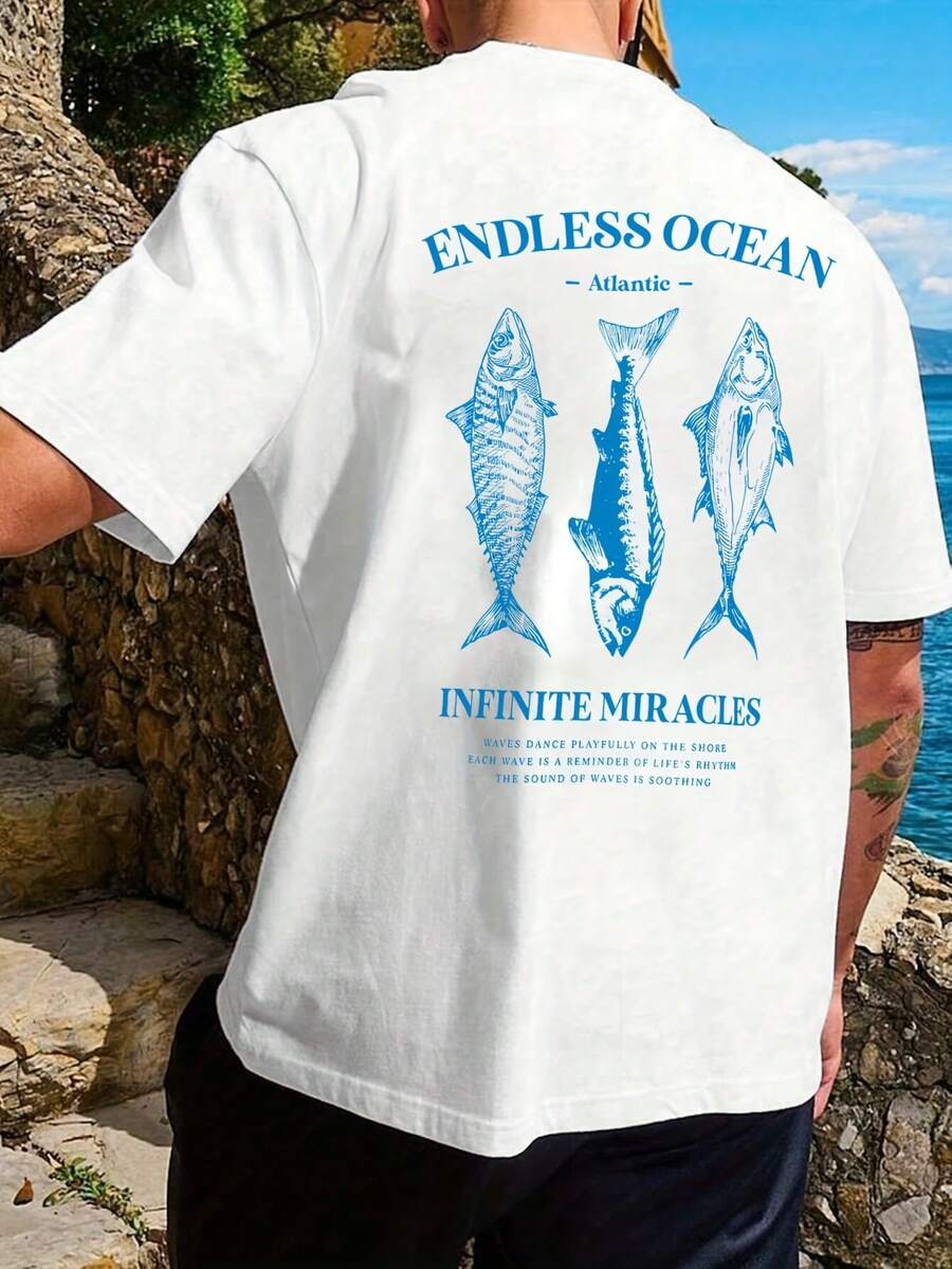 Men's Regular Fit T-Shirt With A Marine Fish Print, An Ideal Garment For Fishing Enthusiasts. This Short-Sleeved, Crew-Neck T-Shirt Is Loose-Fitting, Casual, And Stylish For Summer, Suitable For Various Sports, Outdoor Recreational Activities, Shopping, And Everyday Wear. A Comfortable And Versatile Short-Sleeved T-Shirt For Men. - 白色 - 查看 1