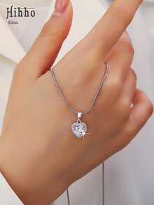 Hihho 1pc Fashionable Minimalist Versatile Water Drop, Heart, Square Pendant Necklace, Creative Luxury Stainless Steel Clavicle Necklace Suitable For Daily, Festival, Outing - Silver - View 8