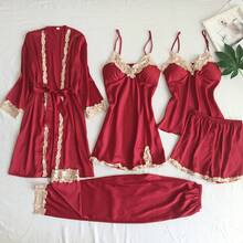 Five Piece Set Of Fashionable Multi Colored Optional Satin Contrasting Lace Straps With Waist Cinching Comfort, Suitable For Women To Wear As Outerwear For Home Wear - 酒紅色 - 查看 4