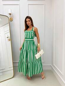 15 Striped All-Over Print Ruched Fabric Ruffle Hem Wedding Dresses - Green - View 3