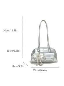 New Fashion Classic Versatile Solid Color PU Waterproof Material Women's Handbag, Rhinestone Bow Decor Design Large Capacity Shoulder Bag, Shell Bag, Women's Wallet, Suitable For Shopping, Work, Travel - Silver - View 8