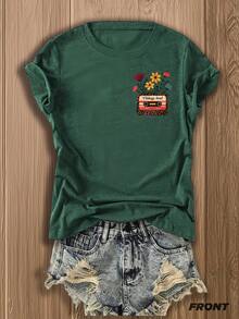 Double-Sided Printed Colored Cotton T-Shirt  Comfortable, Stylish With Minimalist Design, Casual & Versatile, INS Style Vintage Soul Cassette Flowers Leopard Graphic Graphic T Shirts Vintage - 墨綠色 - 查看 8