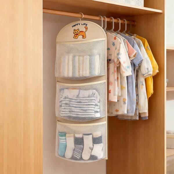 1pc Baby Room Storage Hanging Bag Hanging Children's Sock Storage Bag Triple-Layer Underwear, Socks, And Bra Mesh Storage Bag Built-In Hook Design - Suitable For Dorm And Home Wall-Mounted Storage Bag, Transparent Pocket Design, Multi-Layer Organizer | Visible Pocket Design, Clothing Organization And Storage, Fall Decorations