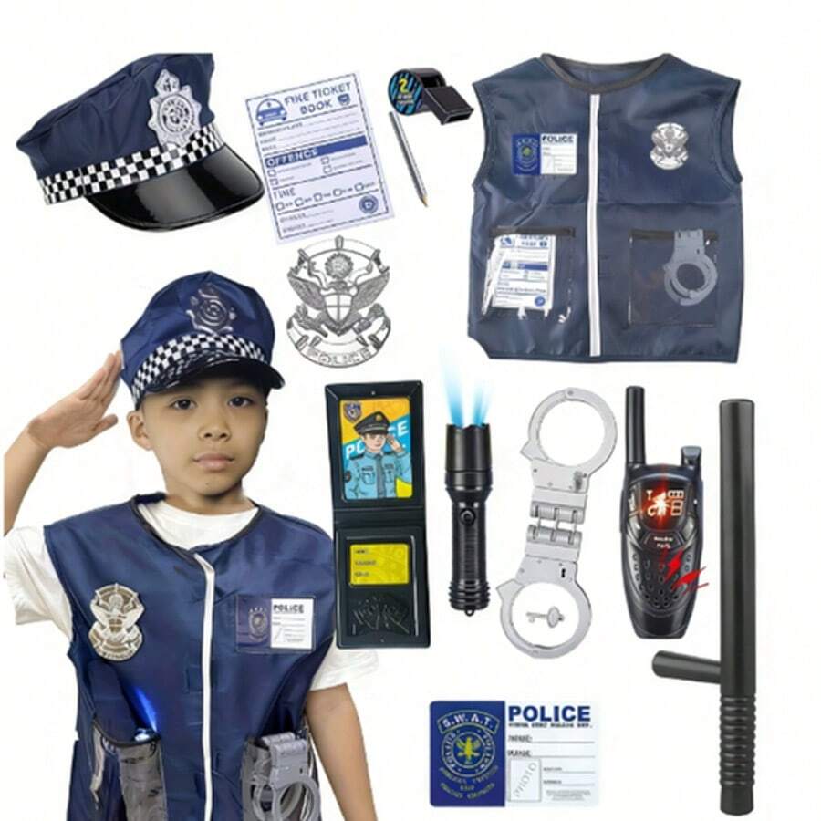 Bộ đồ chơi nhập vai 12 món, bộ trang phục trẻ em, huy hiệu, huy hiệu cờ Mỹ, còng tay đồ chơi cho bé trai, thích hợp làm quà tặng Halloween và Giáng sinh cho trẻ em, đóng vai, trò chơi nhập vai, trường học, sinh nhật - Bộ đồ chơi nhập vai, thích hợp cho giải trí trong lớp học, quà tặng tiệc tùng và quà tặng cho trẻ em từ 6-7 tuổi trở lên. - Màu xanh lam - Xem 1
