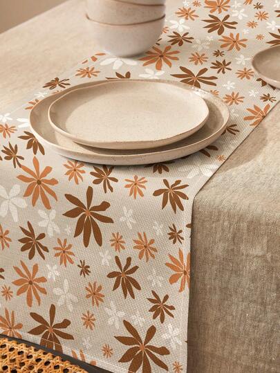1 件复古棕橙色花卉印花亚麻桌旗，适用于节日、派对、生日、晚宴、厨房和餐厅装饰、鞋柜罩，四季皆宜的家居和纺织品装饰