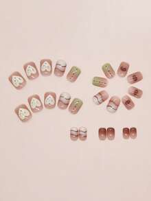 24pcs Short Square Fake Nails, Featuring Milky Almond Ombre, Line, Dot & Heart Designs, Includes 1 Jelly Gel And 1 Buffer Block, Suitable For Valentine's Day Party, Dancing And Daily Wear, Removable And Reusable. - Multicolor - View 4