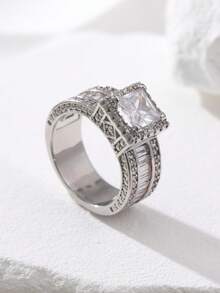 闪亮光环戒指，镶嵌方形切割合成立方氧化锆，优雅订婚戒指，适合女性和女孩，情人节珠宝 - 銀色 - 查看 4