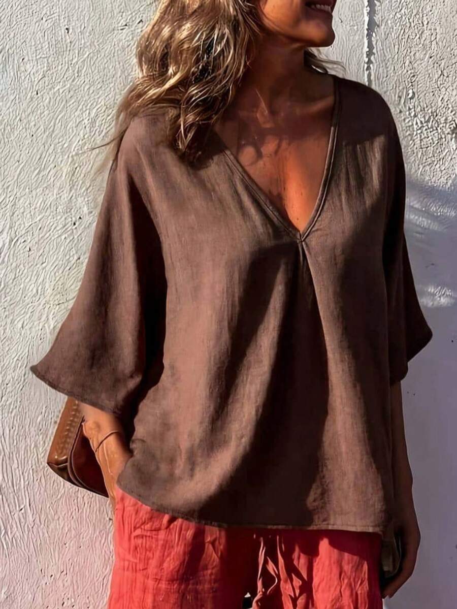 Plus Size Vintage Textured Deep V-Neck Batwing Sleeve Top, Suitable For Spring, Autumn, Summer Daily And Vacation Wear - Coffee Brown - View 1