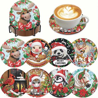 Set de 8 posavasos con pintura de diamantes con diseños de animales lindos, superficie de diamantes brillantes, firmemente adhesivos con herramientas completas, fácil DIY para principiantes, manualidad de alivio del estrés, regalo para Año Nuevo, Día de San Valentín, Navidad, Día del Maestro, decoración del hogar, posavasos de mesa, regalo para familia, amigos, novia, maestro