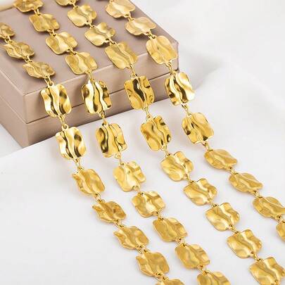 1m 12.5x19mm Stainless Steel Square Textured Chain, Gold Color, Handmade, Suitable For DIY Necklace, Bracelet, Jewelry Making