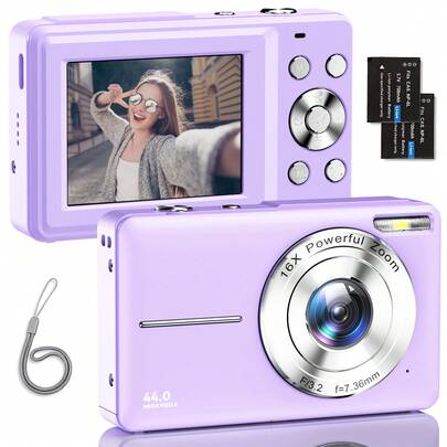 Nicamery Cámara digital de 44MP 1080P, 16X Zoom, Tarjeta de memoria de 32GB, 2 baterías, cámara compacta de viaje adecuada para fotografía, punto y disparo digital, regalo ideal para adolescentes y personas mayores