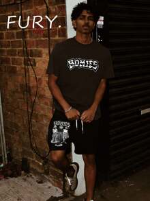 Men's Streetwear "HOMIES" Cartoon Character Graphic Short Sleeve Tee & Matching Print Drawstring Shorts Two Piece Set Shorts Set Streetwear Two Piece Outfit Street Style, Comfortable, Sporty Printed Tracksuit, Perfect For Outings, Trips, Gatherings With Friends, And Everyday Wear. - 深灰+黑色 - 查看 1
