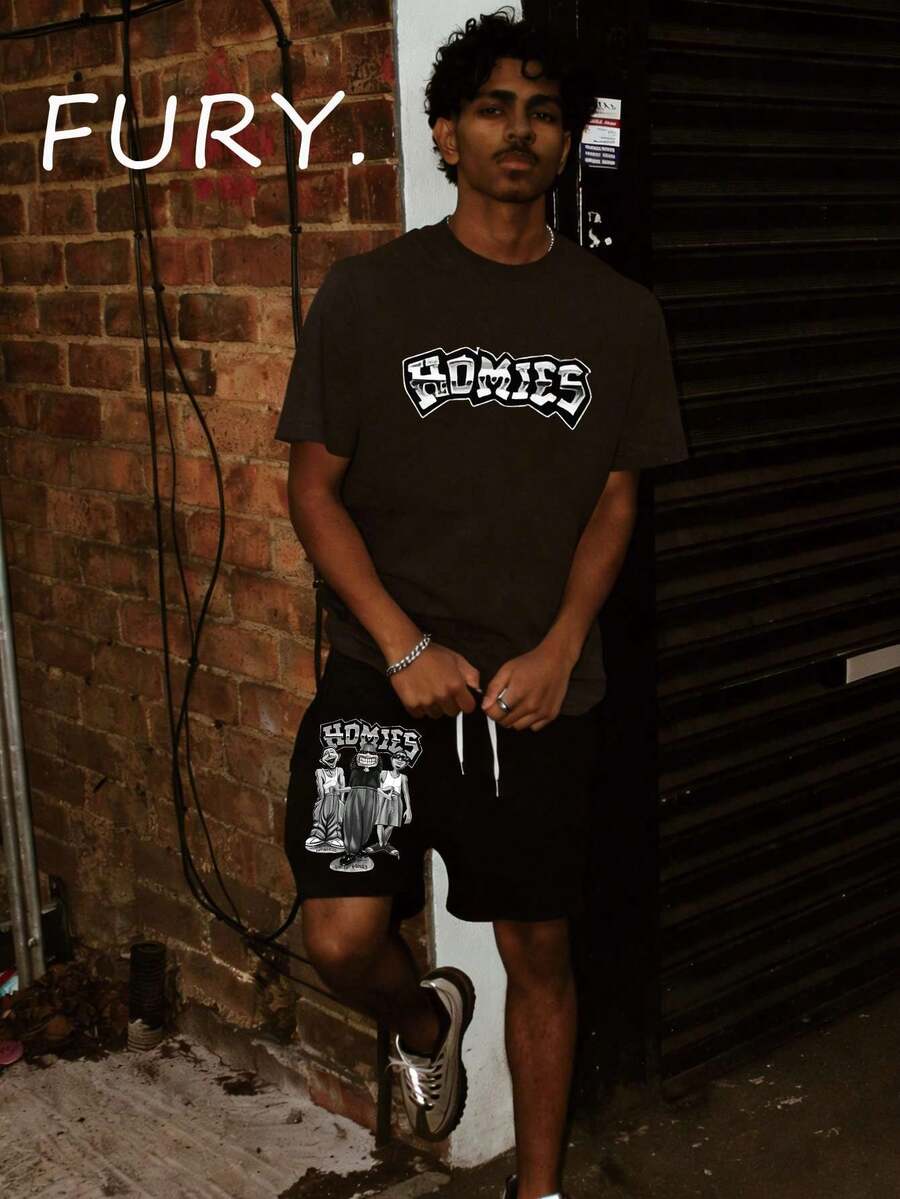 Men's Streetwear "HOMIES" Cartoon Character Graphic Short Sleeve Tee & Matching Print Drawstring Shorts Two Piece Set Shorts Set Streetwear Two Piece Outfit Street Style, Comfortable, Sporty Printed Tracksuit, Perfect For Outings, Trips, Gatherings With Friends, And Everyday Wear. - 深灰+黑色 - 查看 1