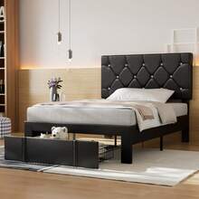 VECELO Modern Faux Leather Double Bed Frame With Storage Drawers, Adjustable Headboard, Tufted Platform Upholstered Bed - Black - View 11
