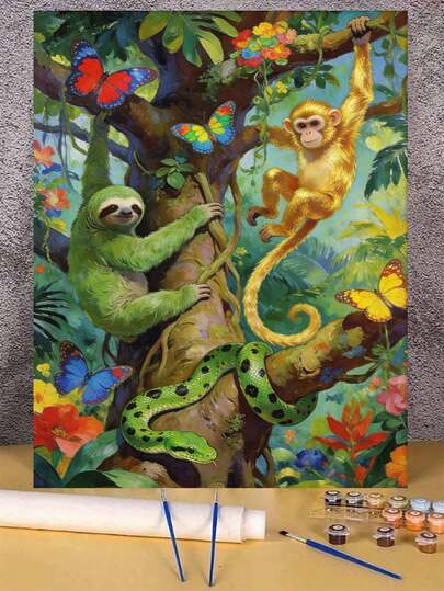 Peinture à l'huile par numéros sur canevas avec animaux de la jungle colorés, singe, paresse, serpent, papillons. Artisanat de décoration d'intérieur pour adultes 40x50cm/16x20 pouces. Cadeaux de vacances