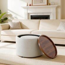 Ball & Cast 2-Piece Nesting Stool Set With Storage, Footstool With Linen Cover And Wooden Shelf, 58 Cm Round Coffee Table & Bench, Beige - Beige - View 7