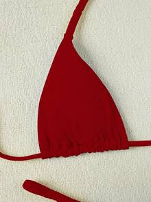 2026春夏新款女士清新柠檬红编织比基尼泳衣，性感沙滩度假两件式泳装 - 紅色 - 查看 4