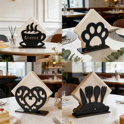 1 pieza Portavasos de madera vintage, con diseño de silueta negra de taza de café, huella de pata, corazón y patrones de cubiertos, adecuado como accesorio decorativo para la encimera de la cocina, mesa de comedor, restaurante, cafetería y entornos de estilo rústico