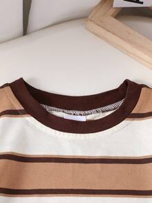 Baby Striped Short Sleeve T-Shirt, High Elasticity Breathable Soft Cotton Tee For Summer - Coffee Brown - View 7