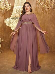 SUPGIR Crew Neck Shawl Flare Sleeve Luxury Beaded Embroidered Cinched Waist Maxi Formal Evening Gown - Dusty Pink - View 3