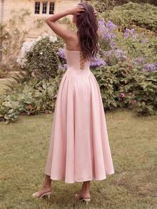 优雅奢华手工串珠心形领高腰露背系带A字中长款派对礼服，适合舞会、生日派对、正式晚宴、约会、返校节、婚礼宾客、正式晚宴、家庭聚会等多种场合。 - 淺粉色 - 查看 3