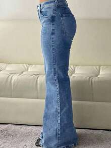 Women's Casual Long Denim Flare Leg Jeans With Pockets And Button Zipper Closure Slight Stretch Washed Design - 藍色 - 查看 4