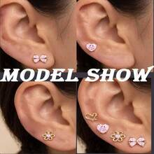 10对装低过敏性平底耳环，镀金镀银医用钢材质，小巧耳钉/耳环，蝴蝶结/花朵/爱心/蝴蝶结/粉色锆石叠戴耳骨耳环套装，20G，10毫米 - 金色 - 查看 5