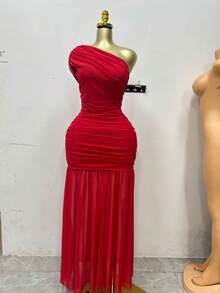 Women's Spring 2026 New Solid Color Sleeveless Slanted Collar Pleated Slim Split Long Dress - 紅色 - 查看 9
