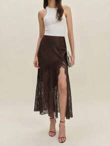 Gonna mini in raso con inserti in pizzo, con zip e design traforato, elegante e chic, adatta alla primavera per le donne - Castano - Visualizzare 2