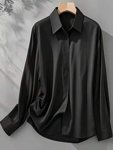 1 chiếc áo sơ mi cài cúc phía trước màu trơn, chất liệu polyester, thích hợp cho công sở, mặc hàng ngày, đi nghỉ mát, mùa xuân/hè/thu. Màu đen. - màu đen - Xem 7