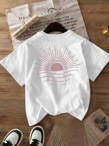 女士 Sunrise 极简粉色条纹圆领短袖休闲T恤，女士返校服装，女士上衣，春夏秋季 白色 - 白色 - 查看 4