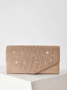 REMANLAND Minimalist And Sleek Clutch With Glitter Diagonal Pleated Accents, Featuring Clean Lines, A Refined Glitter Finish, Streamlined Diagonal Pleats And Envelope Silhouette. Seamlessly Transitions From Office Meetings To Business Dinners, Balancing Professionalism With Subtle Luxury For Everyday Elegance. It Is The Best Gift For Women - Champagne - View 2