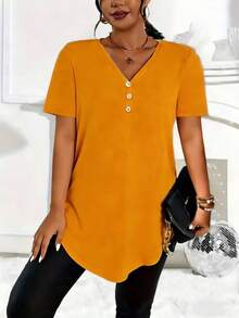 New Casual Plus Size Solid Color V-Neck Button Short Sleeve Summer - Burnt Orange - View 3
