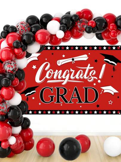 103个/套，12/10/5英寸红白黑乳胶气球，配“Gongrates Grad”背景，毕业派对装饰气球，适用于毕业派对装饰、2026届毕业典礼装饰、节日装饰套装、毕业派对用品、毕业季厨房和餐厅装饰