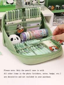 1pc Large Capacity Green Pencil Case, Minimalist Cute Stationery Bag For Pens, Makeup Brushes, Multi-Function Pencil Pouch - A - View 3