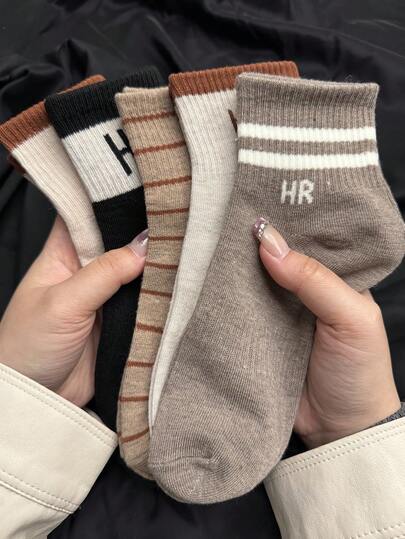 5 Pairs Women's Casual Athletic Socks, Spring Summer Breathable Mid-Crew Socks With Stripe & Letter Pattern, Low Cut Style Fashion Sports Socks For Sneakers, Streetwear Essentials,Adult Gifts,,White Socks Women,