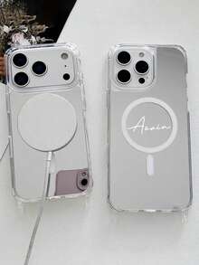 Personalized Custom Name Embossed Letter Four-Corner Mirror Short Rope Shockproof Protective Phone Case, Compatible With Iphone 18 Pro Max 17 Pro Max 17 Pro 17 16 15 14 13 12 11 Pro Max 16 15 Plus - Silver - View 7