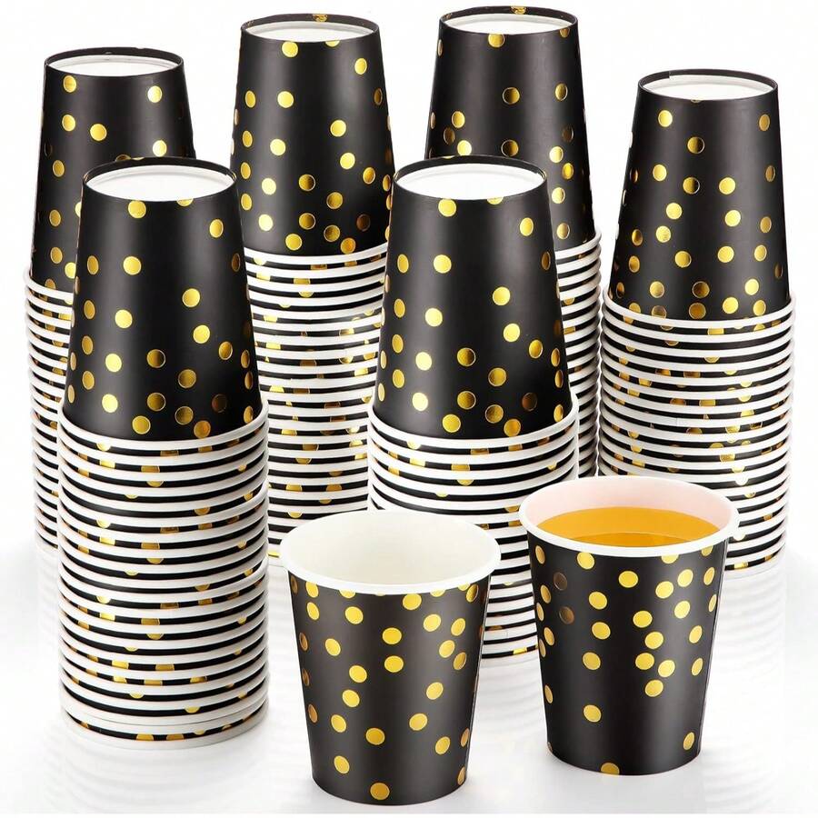 10/20pcs Black & Gold Theme Party Paper Cups, Gold Polka Dot Pattern Party Paper Cups, Suitable For Birthday Party, Family Gathering, Class Reunion, Outdoor Picnic - View 1