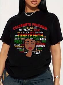 Ladies' Juneteenth Freedom Graphic Tee - Honor Black Heritage & Culture With A Colorful Geometric Design, Round Neck Short Sleeve Casual Shirt, Machine Washable Year-Round Gift For Women - 黑色 - 查看 1