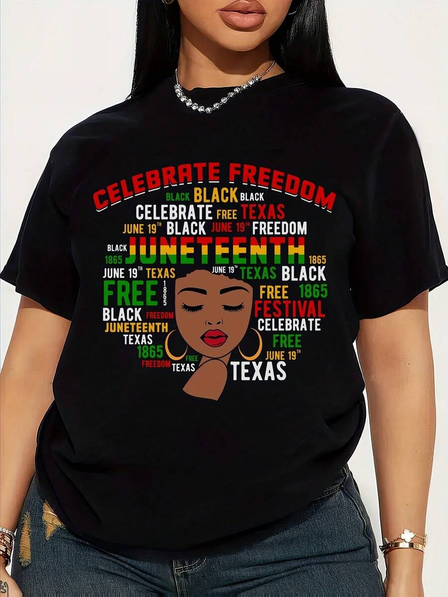 Ladies' Juneteenth Freedom Graphic Tee - Honor Black Heritage & Culture With A Colorful Geometric Design, Round Neck Short Sleeve Casual Shirt, Machine Washable Year-Round Gift For Women - 黑色 - 查看 1