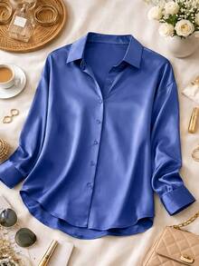 Elegant Women's Satin Shirt - Màu xanh lam - Xem 3