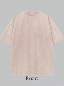 Oversized Washed Gray Short Sleeve Tee, Loose Fit Vintage Streetwear Style, Basic Summer - 杏色 - 查看 3