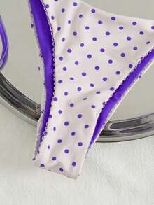 新款女士音乐节沙滩波点蕾丝边串珠挂脖系带泳裤纯色内衬性感简约浪漫休闲假日派对比基尼套装，夏季女士时尚泳装 - 紫羅蘭色 - 查看 6