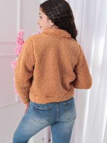 Girls' And Teenagers' Short Cropped Teddy Furry Jacket, Open Button Coat, Autumn And Winter (BINF509) - Camel - View 2