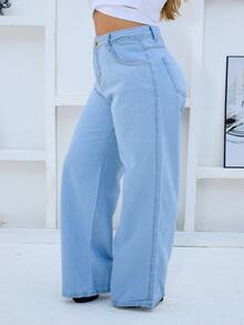Women's Wide Leg Jeans, Plus Size, High Waist, Without Lycra - Rửa nhẹ - Xem 2
