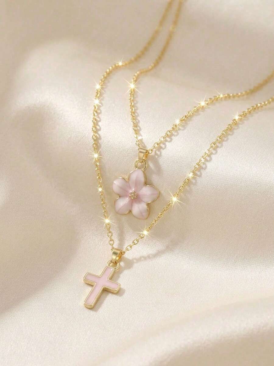 2pcs/Set Youthful Girl's Sweet Fashion Five-Leaf Flower & Cross Pendant Necklace, Suitable For Summer Beach Party, Vacation, Holiday, Date, Birthday Gift, Daily Accessory