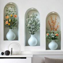 3pcs 3D Arched Flower Vase Wall Stickers, Removable Self-Adhesive Waterproof PVC Decals, Suitable For Sofa Backdrop, Office, Corridor, Entrance And Indoor Art Decoration - Arched Floral Wall Stickers - View 5