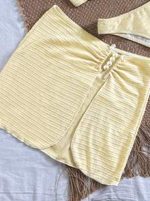 Bikinx 2026 Summer 3pcs Women's Textured Spaghetti Strap Cute Bikini Underwire Set With Cover-Up Fairy Skirt For Beach Vocation - Light Yellow - View 7