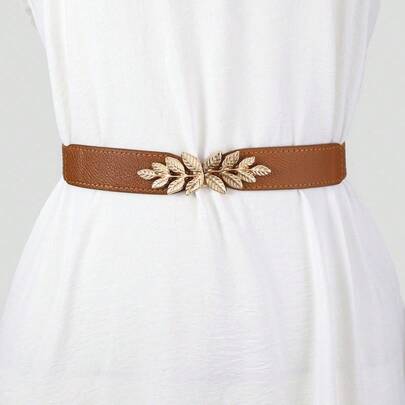 Women's Elastic Waist Belt, Solid Color Stretchy Waist Cincher, Suitable For Daily Wear, Banquet, Party Dresses, Suits, Leaf Decor Metal Buckle Elastic Waistband, Fits Plus Size Dresses, Suitable For Spring/Summer Occasions And Daily Wear